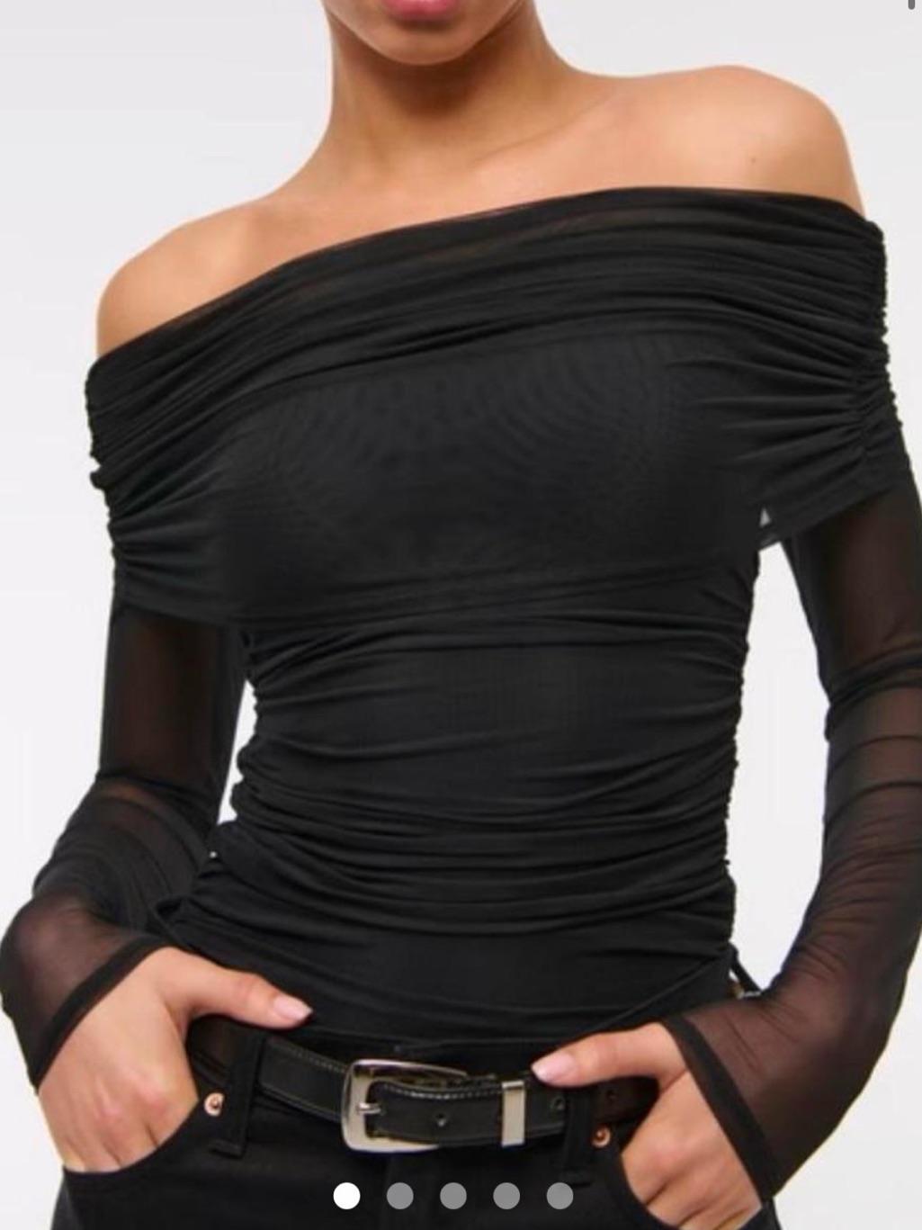 Abercrombie & Fitch Black Off-Shoulder Ruched Mesh Sleeve Top